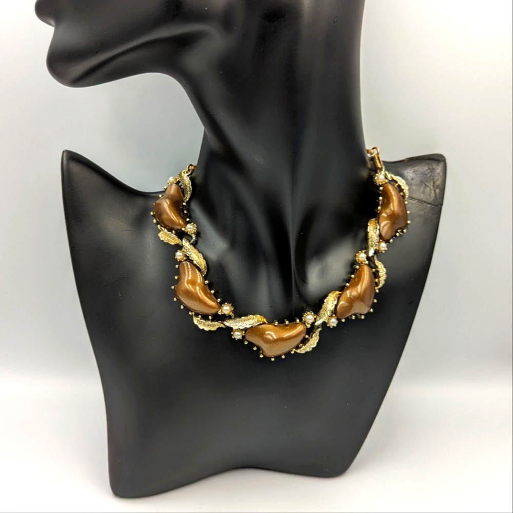 Coro Necklace Vintage Gold Tone Brown Cabochons Faux Pearl Hook Clasp Signed